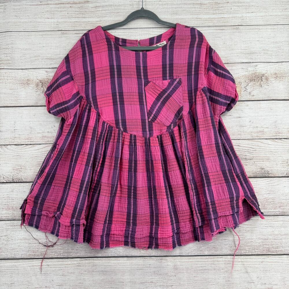 We the Free People Striped Boxy Oversized Babydoll Blouse Womens S Pink Purple